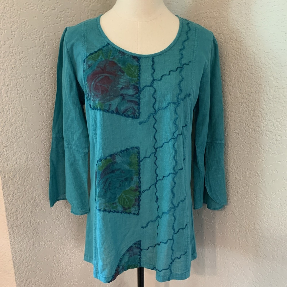 Parsley & Sage Sz M Blue Floral Embroidered Bell Sleeve Art To Wear Lagenlook